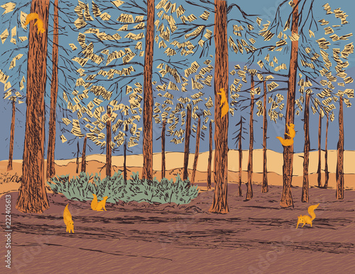 Vector illustration of a pine forest with scurrying squirrels around