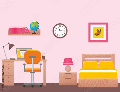 Bedroom interior. Room with single bed, desk. Vector. Home furniture, space illustration in flat design. Cartoon house equipment for girl in modern apartment. Colorful animated background.
