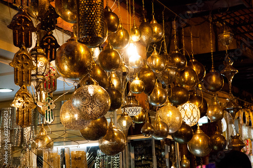 Metal lanterns and lights on Morocco Market in Marrakech