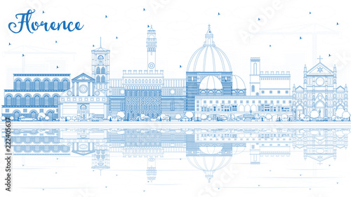 Outline Florence Italy City Skyline with Blue Buildings and Reflections.