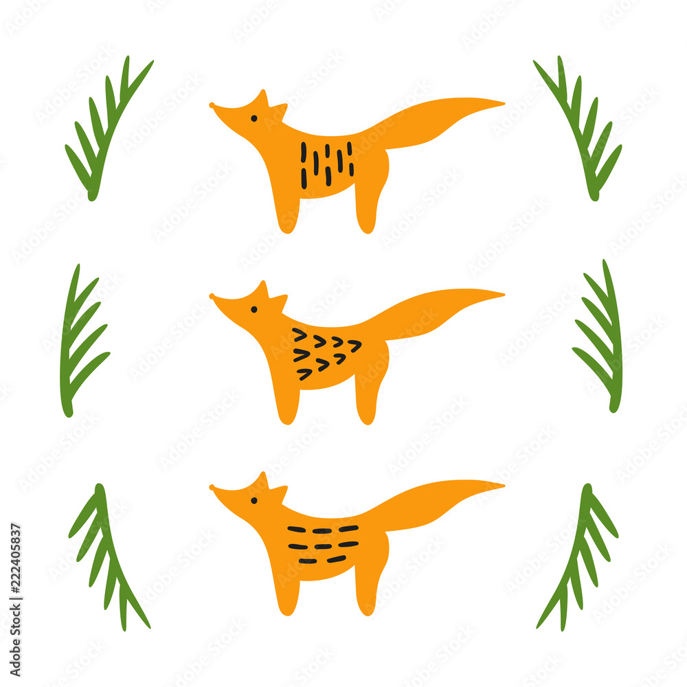 Fototapeta Red fox Vector illustration in scandinavian style. Blank for Christmas greeting card