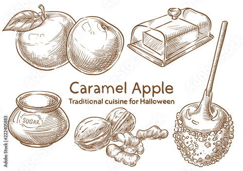 Traditional Halloween Food ingredients. Caramel apple