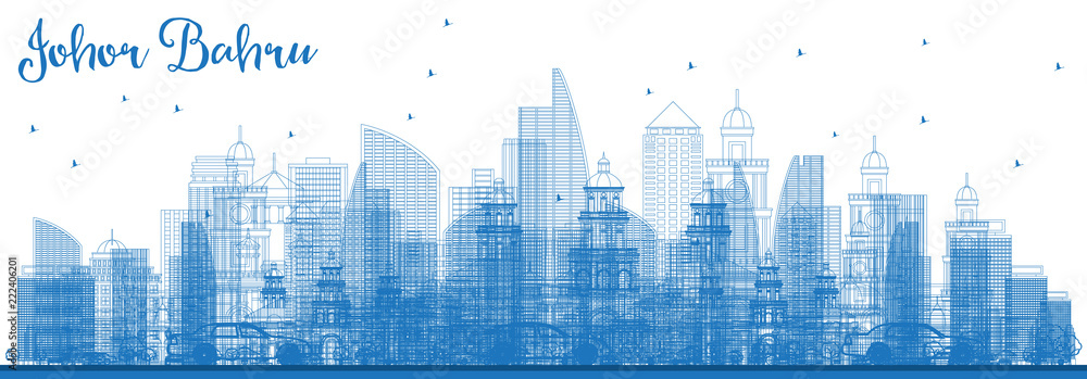 Obraz premium Outline Johor Bahru Malaysia Skyline with Blue Buildings.