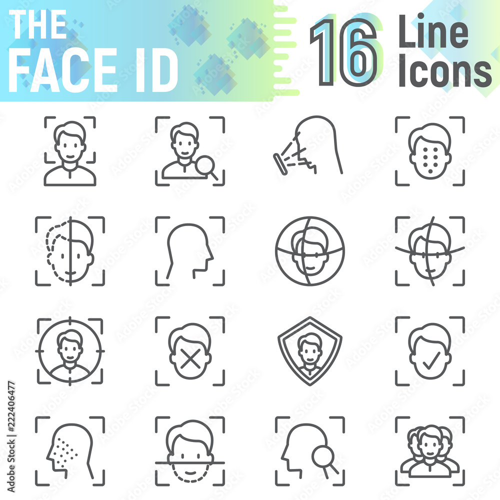 Face ID line icon set, face recognition symbols collection, vector sketches, logo illustrations, face scan signs linear pictograms package isolated on white background, eps 10. Face ID line icon set, face recognition symbols collection, vector sketches, logo illustrations, face scan signs linear pictograms package isolated on white background, eps 10.