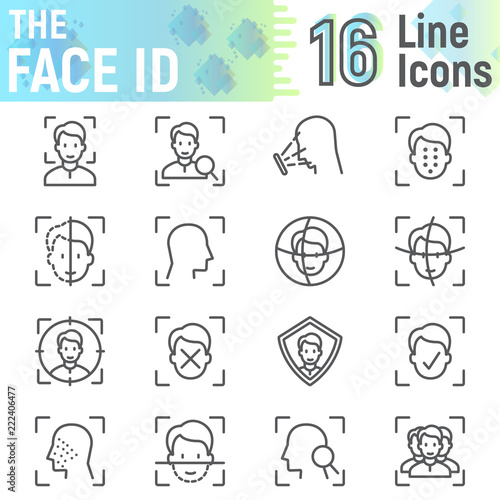 Face ID line icon set, face recognition symbols collection, vector sketches, logo illustrations, face scan signs linear pictograms package isolated on white background, eps 10.