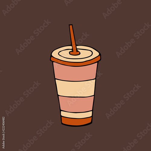 Glass of drink with a lid and a straw.Fast food.hand drawn vector illustration.doodles  cartoon style.