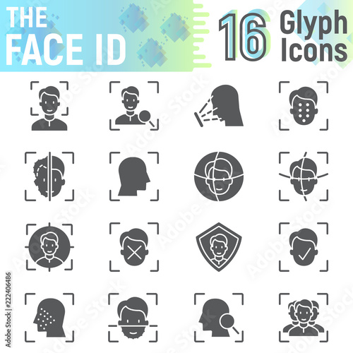 Face ID glyph icon set, face recognition symbols collection, vector sketches, logo illustrations, face scan signs solid pictograms package isolated on white background, eps 10.