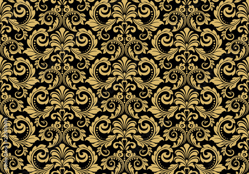Wallpaper in the style of Baroque. Seamless vector background. Gold and black floral ornament. Graphic pattern for fabric, wallpaper, packaging. Ornate Damask flower ornament