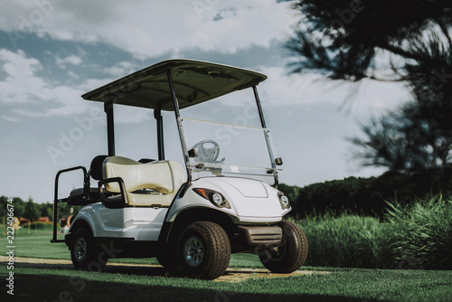 Obraz na płótnie White Little Cart on Golf Field in Sunny Day. w salonie