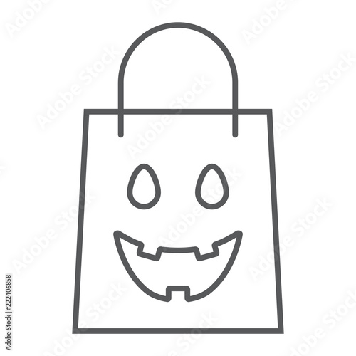 Halloween shopping bag thin line icon, package and shop, packet sign, vector graphics, a linear pattern