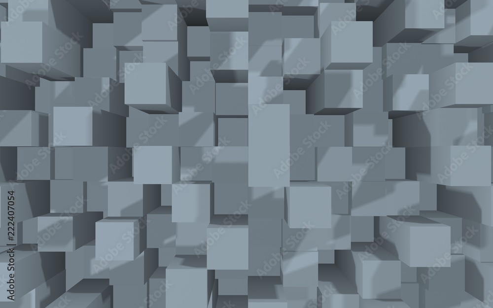 Abstract gray elegant cube geometric background. Chaotically advanced rectangular bars. 3D Rendering, 3D illustration