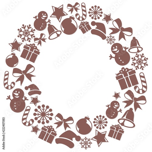 A round Christmas frame with festive symbols.