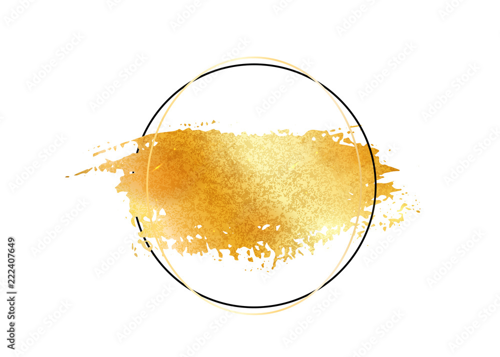 Gold glitter foil brush stroke vector. Golden paint smear with circle round border frame isolated on white. Glow metal creative pattern. - obrazy, fototapety, plakaty 