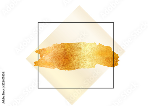 Gold glitter foil brush stroke vector. Golden paint smear with rectangle border frame isolated on white. Glow metal creative pattern.