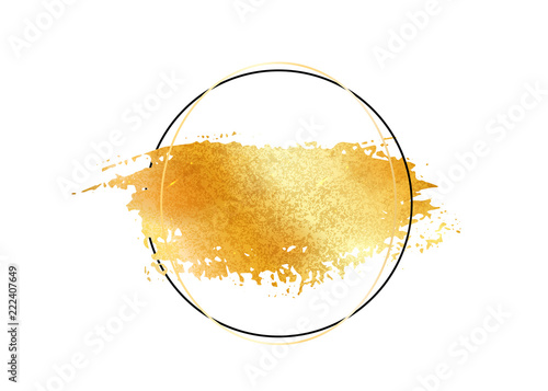 Gold glitter foil brush stroke vector. Golden paint smear with circle round border frame isolated on white. Glow metal creative pattern.