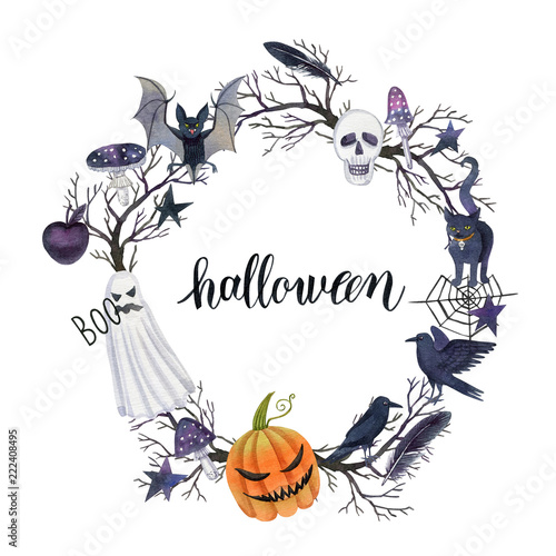 halloween decoration, halloween frame, element design, watercolor illustration, can be used as print, packaging design, textile, invitation, greeting card, element design, template.  photo