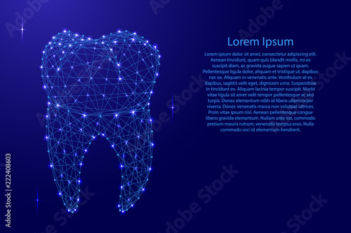 Tooth dental root from futuristic polygonal blue lines and glowing stars for banner, poster, greeting card. Vector illustration.