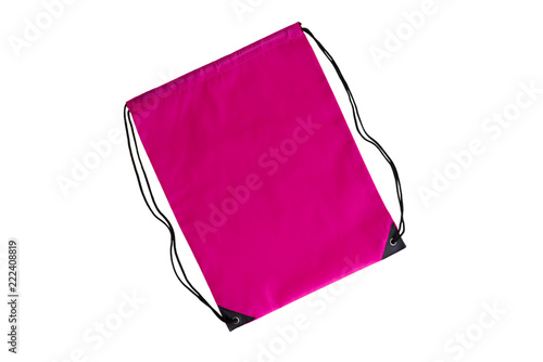 Pink drawstring pack template, mockup of bag for sport shoes isolated on white photo