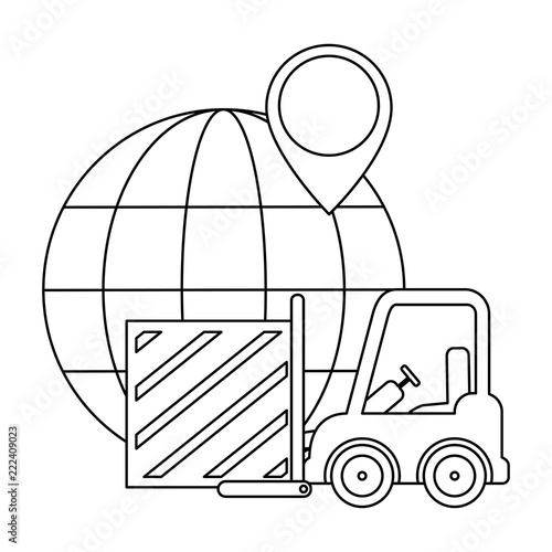 forklift with wooden box and planet