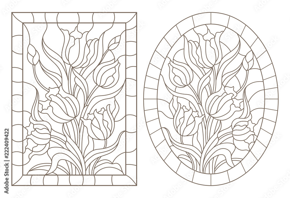 A set of contour illustrations of stained glass Windows with Tulips in frames, dark contours on a white background, oval and rectangular image