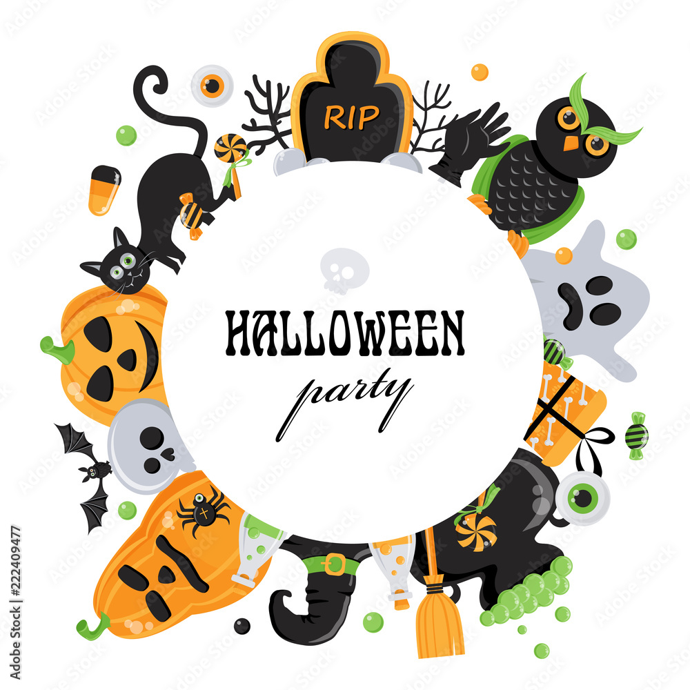 Vector background for Halloween party with various objects in a circle