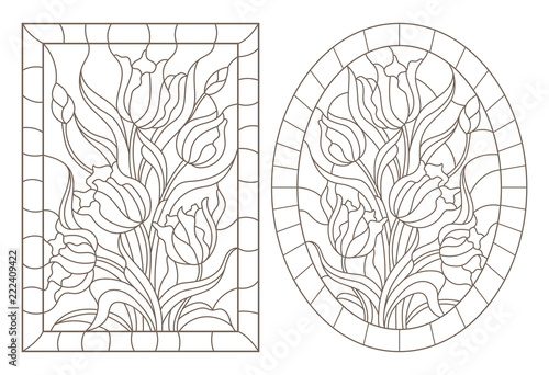 Fototapeta Naklejka Na Ścianę i Meble -  A set of contour illustrations of stained glass Windows with Tulips in frames, dark contours on a white background, oval and rectangular image