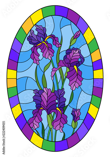 Fototapeta Naklejka Na Ścianę i Meble -  Illustration in stained glass style flower of purple irises on a blue background in a bright frame,oval  image