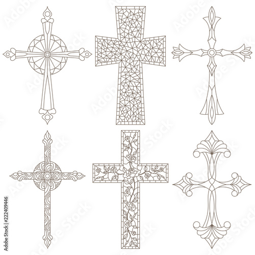 The illustrations in the stained glass style with a contoured Christian crosses,dark outlines on white background