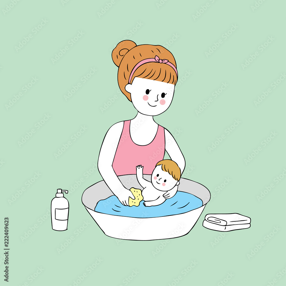 Cartoon cute mom and baby washing vector.