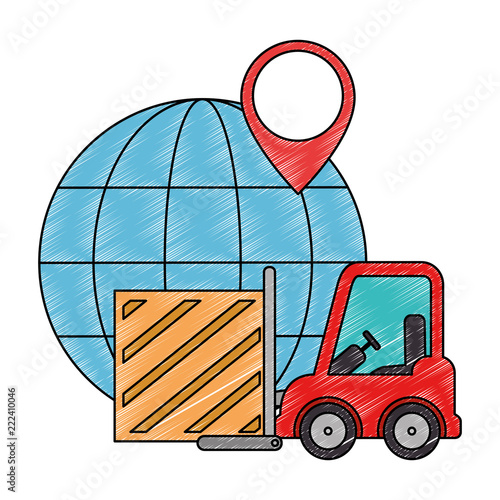 forklift with wooden box and planet