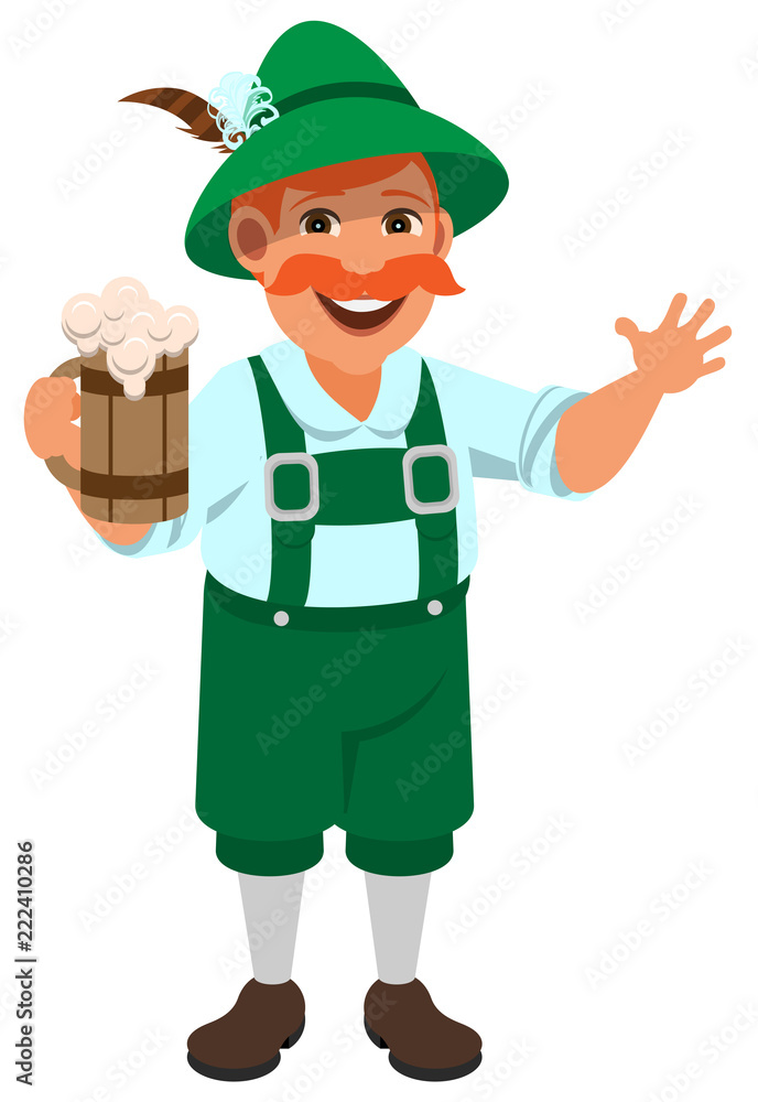 German man in national retro clothes holding wooden mug of beer German man in national retro clothes holding wooden mug of beer