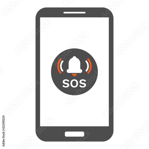 Smartphone with SOS button on screen. Vector.