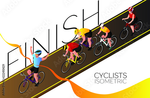 Bicycle race. Race on asphalt road. Finishing line with the final ribbon. Five finalists and one winner. Isometric 3d
