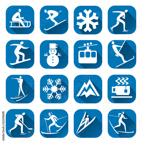 Winter sport icon with long shadow. Set of blue winter sport icons with winter sport activities. Vector available. 