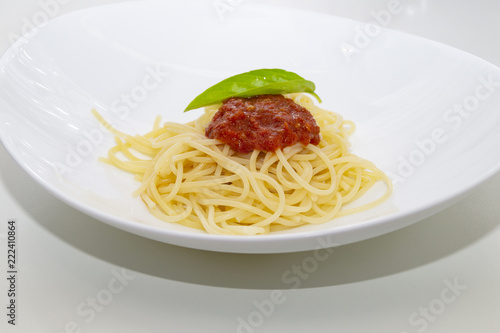 spaghetti with fresh tomato sauce and basil, italian food