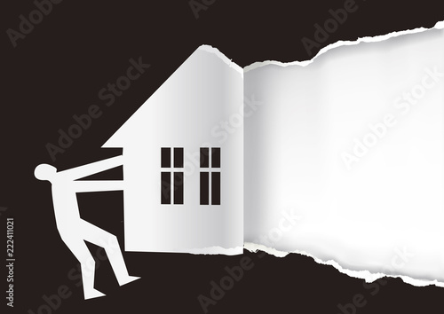 Real estate for sale promotion background.
Man ripped paper with house silhouette. Concept for Real estate for sale. Vector available. 