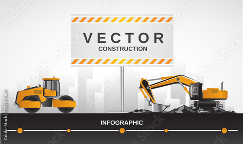 Excavator, with asphalt paving roller, construction equipment.