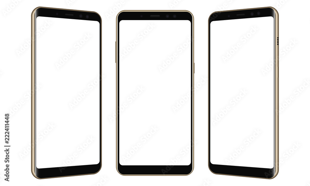 Set of three frameless smartphones mock up with blank screens - front and side views. Vector illustration Set of three frameless smartphones mock up with blank screens - front and side views. Vector illustration