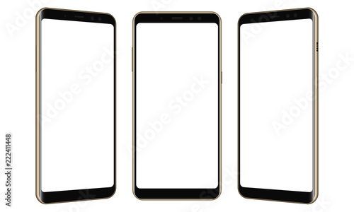 Set of three frameless smartphones mock up with blank screens - front and side views. Vector illustration