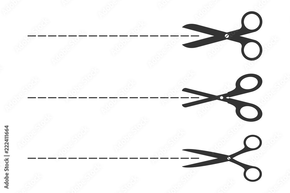 Set of scissors and cut lines on white background. Vector. Set of scissors and cut lines on white background. Vector.