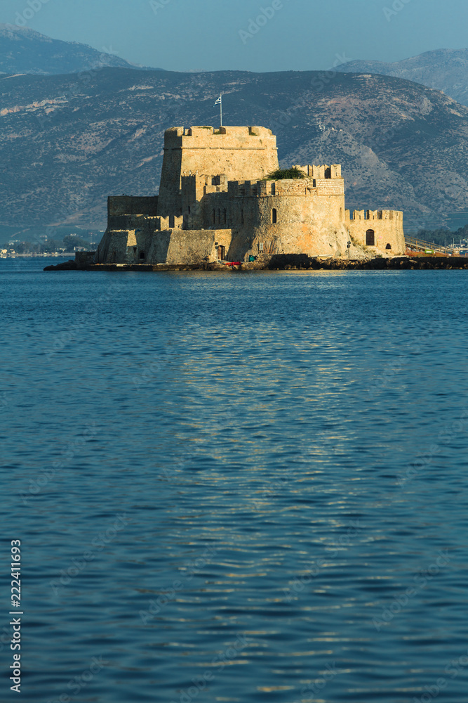 View of the water castle of Bourtzi in Nafplio, Greece. Venetian castle. 