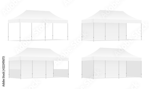 Set of four outdoor promotional rectangular tents with side views, isolated on white background. Vector illustration