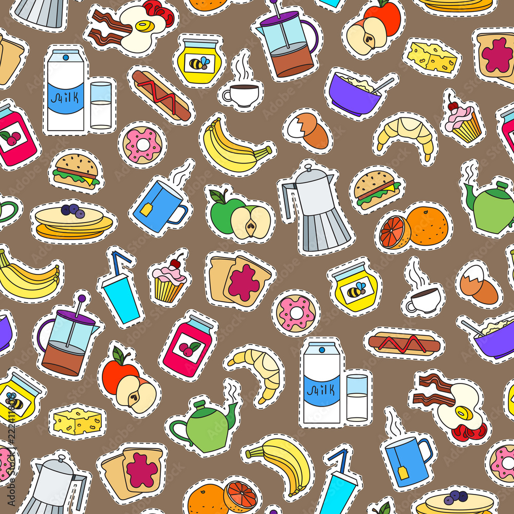 Seamless pattern on Breakfast and food theme, simple color patch icons on brown background