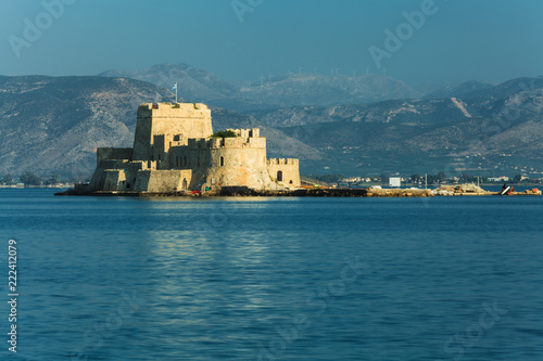 View of the water castle of Bourtzi in Nafplio, Greece. Venetian castle. 