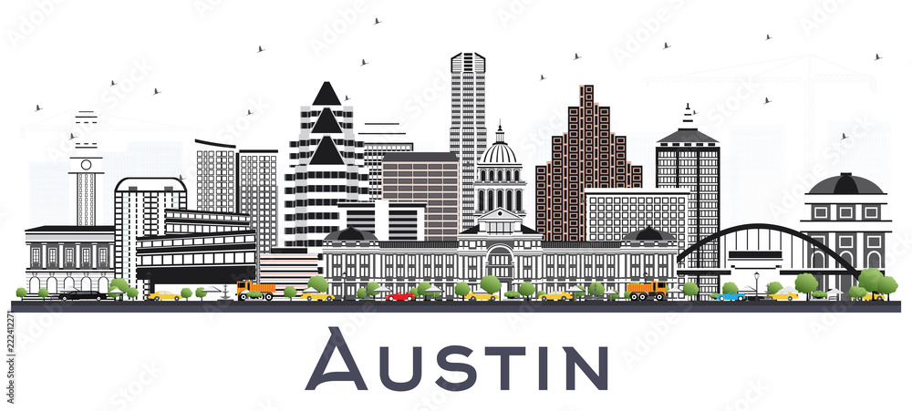 Austin Texas City Skyline with Gray Buildings Isolated on White.