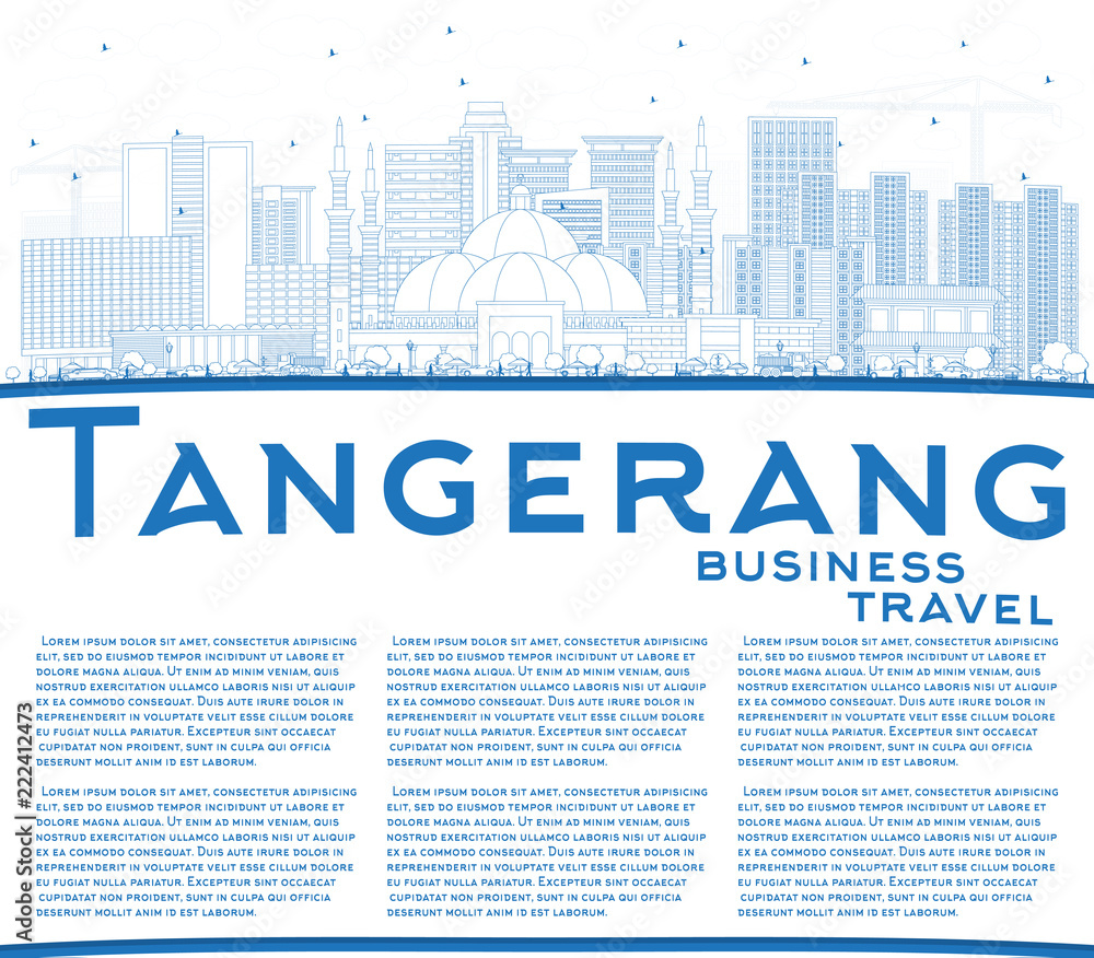 Outline Tangerang Indonesia City Skyline with Blue Buildings and Copy Space.