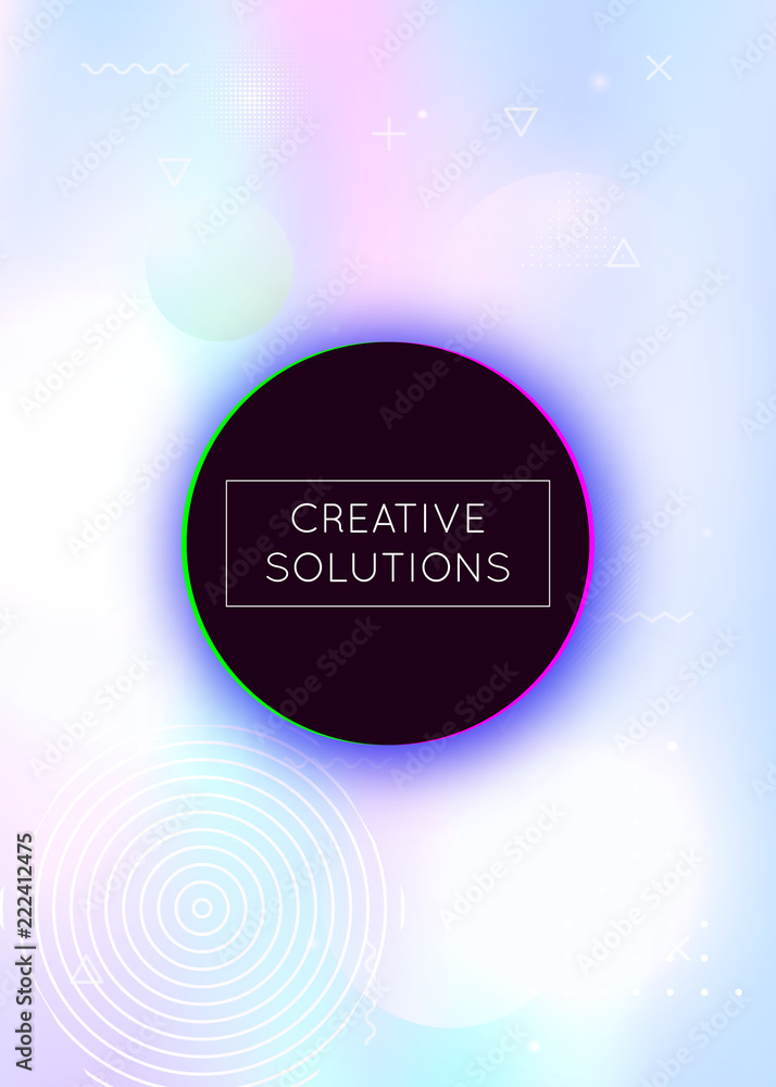 Fluid shapes background with liquid dynamic elements. Holographic bauhaus gradient with memphis. Graphic template for placard, presentation, banner, brochure. Plastic fluid shapes background.