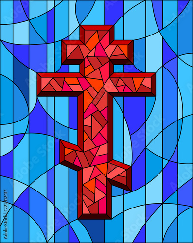 Illustration in stained glass style with a red cross on an abstract blue background