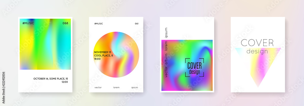 Holographic flyer set. Abstract backgrounds. Hipster holographic flyer with gradient mesh. 90s, 80s retro style. Pearlescent graphic template for brochure, banner, wallpaper, mobile screen