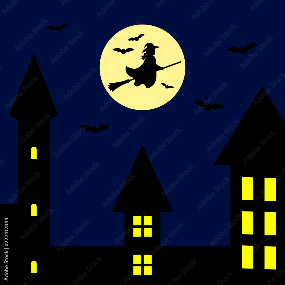 Silhouettes of witch flying on broomstick and bats. Full moon on the night town background. Vector.